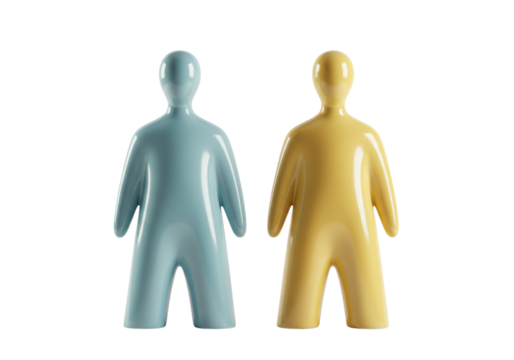 Two stylized human figures isolated on transparent background, blue and yellow ceramic figurines for modern art and home decor