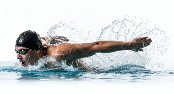 A swimmer during the butterfly stroke, water droplets splashing in a dramatic freeze-frame, powerful arm extension, isolated on a white background, capturing the essence of aquatic athleticism