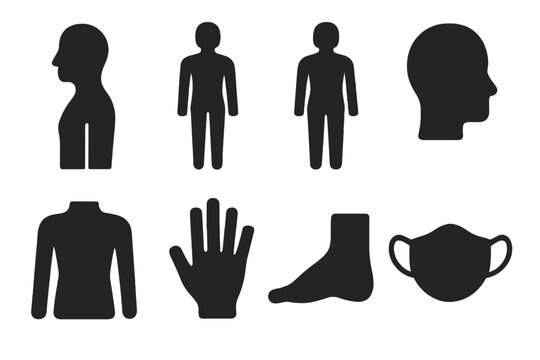 Human Outline Icon Set. Solid, filled icon set of naked human outlines: side profile, front view, back view, head silhouette, torso shape, hand outline, foot