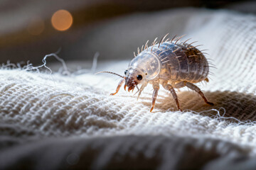 Extreme Close-Up of a Dust Mite on a White Knitted Fabric, Showing Details of Its Spiked Body and Legs