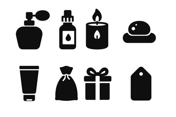 Fototapeta premium Aroma Packaging Icons. Solid, filled icon set of aroma packaging: perfume bottle, essential oil vial, candle jar, soap bar, lotion tube, sachet, gift box,