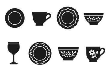 Obraz premium Elegant China Icons. Solid, filled icon set of fine china: porcelain plate, bone china cup, gilded saucer, decorative charger, patterned bowl, gold-rimmed