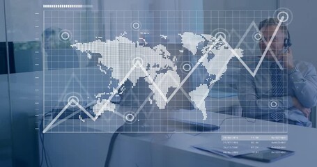 operator logging in viewing map overlay with rising line graph emerging tracking business data - Powered by Adobe