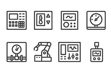 Industrial Controller Icons. Outline icon set of industrial controllers: PLC panel, temperature controller, motor controller, pressure controller, flow