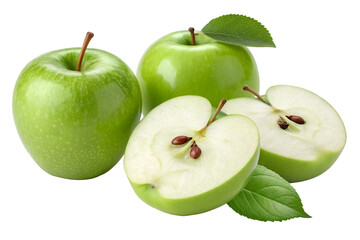 Three whole green apples and two apple halves with seeds and leaves fruit food