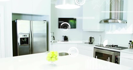 Faint circular interface graphic fading in, smart kitchen overlays animating showing monitoring - Powered by Adobe