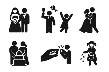 Wedding Icon Grid. Solid, filled icon set of wedding celebrants: bride and groom, best man toast, throwing bouquet, dancing couple, cake cutting,