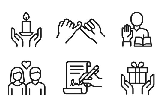 Promise Ritual Icons. Outline icon set of promise rituals: candle lighting, pinky swear, ring exchange, oath taking, vow renewal, signing paper, gift giving,