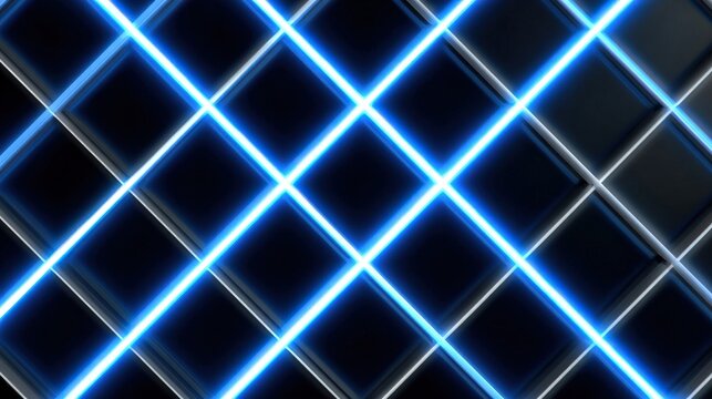 Abstract background of a three-dimensional dark grid pattern with intersecting bright blue neon lights, ideal for a technology or sci-fi theme