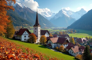 Fototapeta premium village in autumn with snow capped mountains. Colorful leaves carpet grassy slopes near traditional houses and church tower. Peaceful valley panorama.