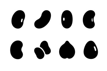 Bean Icon Set. Solid, filled icon set of common beans: black bean, kidney bean, navy bean, pinto bean, lima bean, mung bean, chickpea, soy bean. [Line icons in