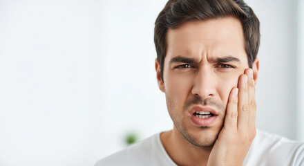 Obraz premium Man experiencing toothache, holding cheek in pain