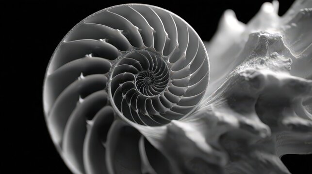 Close-up of a halved nautilus shell revealing the perfect logarithmic spiral and intricate, textured internal chambers in black and white
