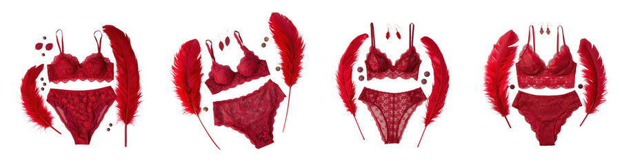 Four red lace lingerie sets with feathers, isolated on transparent background