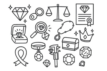 Fototapeta premium Diamond Grading Icons. Hand-drawn doodle illustration diamond grading diamond, scale, certificate, loupe, magnifying glass, sparkle stars, jewelry box, ring,