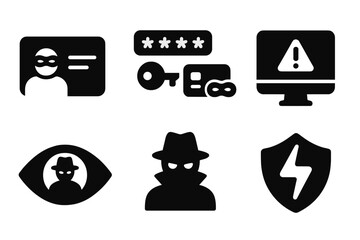 Identity Theft Icons. Solid, filled icon set of identity theft: ID card with mask, password key, credit card theft, login alert, spy eye, hidden face, warning