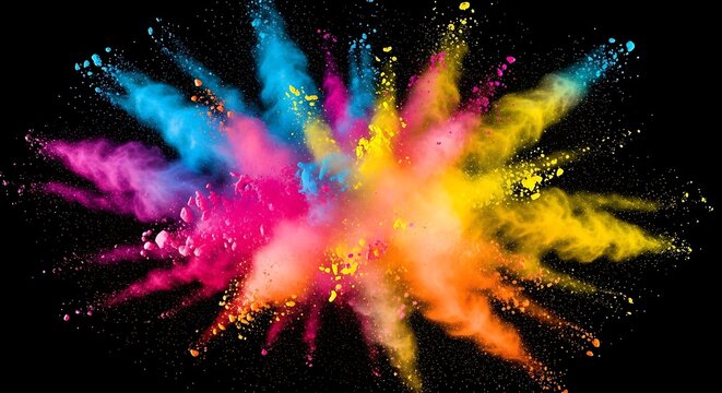 Colorful powder explosion with vibrant hues against a stark black background creating a dynamic effect
