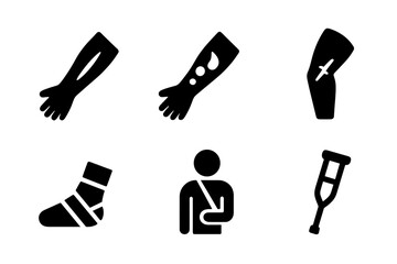 Body Injuries Icons. Solid, filled icon set of body injuries: cut, bruise, burn, fracture, sprain, bandage, crutch, cast. Solid, filled icons in only black