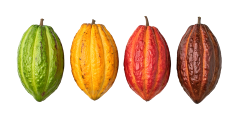 Four ripe cacao pods in varying colors arranged in a row cocoa pod fruit