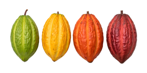 Four colorful cocoa pods in a row against black background cacao pod fruit