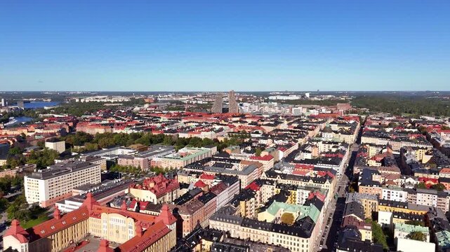 Aerial view of Stockholm, Sweden, over the colorful buildings of Vasastan and the Norra Tornen