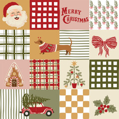 Christmas patchwork seamless pattern. Cozy cottagecore winter holidays wallpaper, repeat background. Vintage New Year print, mosaic textile design, quilt, plaid. Santa, Christmas tree, car in vector.
