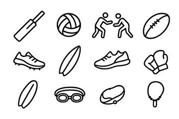 Fototapeta premium Cultural Icons Collection. Outline icon set of Sri Lankan sports: cricket bat, volleyball, kabaddi players, rugby ball, athletics shoe, surfing board, swimming