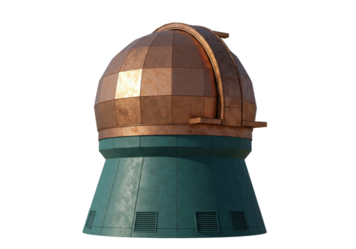 Astronomical observatory dome isolated, copper and green building for scientific research and space exploration on no background
