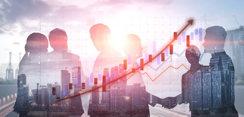 Image depicting silhouettes of professionals against an urban skyline, illustrating business growth...
