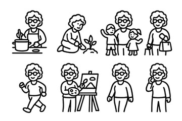 Aunt's Activity Icons. Outline icon set of aunt?s activities: cooking, gardening, knitting, playing with children, shopping, exercising, painting, chatting on