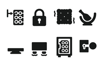 Wine Rack Safety Icons. Solid, filled icon set of wine rack safety: anti-tip bracket, lock mechanism, cushioning, bottle cradle, sturdy base, anti-slip feet,