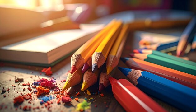 Colorful pencils clustered on a wooden surface