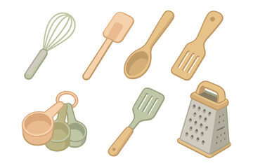 Pastel Kitchen Utensils. Isometric vector illustration set Menu Design Elements: floral border on card, icons of sweet dishes,