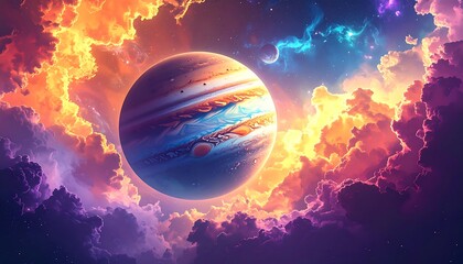 Colorful planet surrounded by vibrant clouds in space