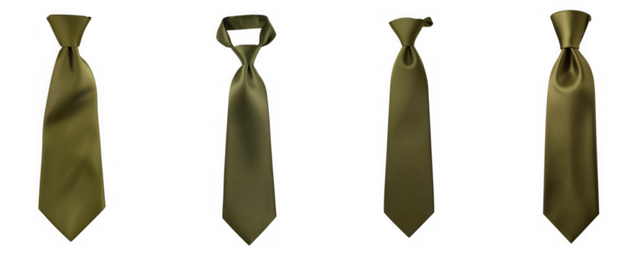 Four golden patterned neckties with different knot styles, isolated on transparent background
