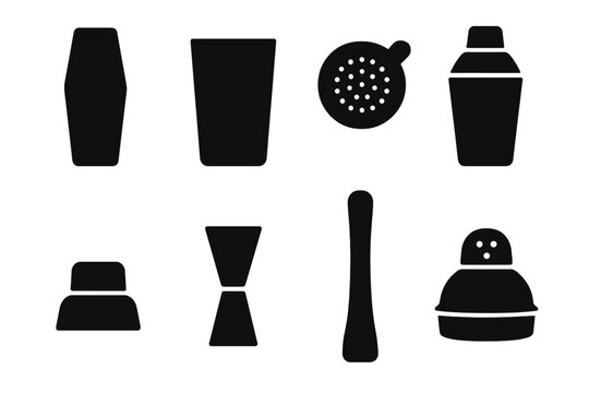 Cocktail Shaker Icons. Solid, filled icon set of shaker components: shaker tin, mixing glass, strainer lid, built-in strainer, cap, jigger, muddler, shaker