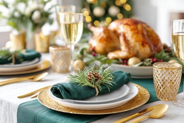 Elegant Christmas dinner table setting featuring peacock green accents, golden tableware, and a beautifully roasted turkey centerpiece for a festive celebration