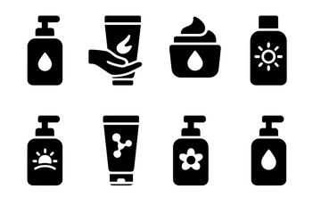 Lotion Icon Set. Solid, filled icon set of lotion types: body lotion, hand cream, face moisturizer, sunblock, after-sun lotion, anti-aging lotion, scented