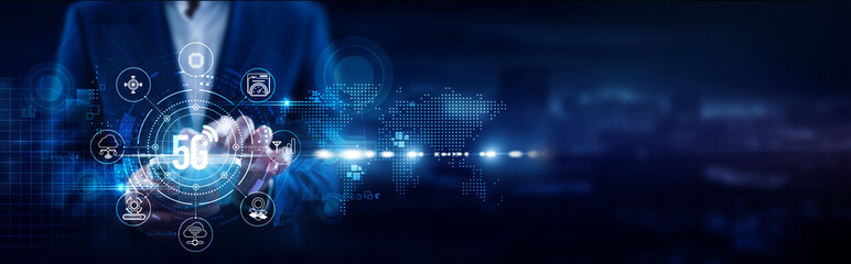 Businessman using mobile smartphone and 5G Network connecting data ultra-fast connectivity, low latency networks, seamless communication, high bandwidth streaming, digital innovation.