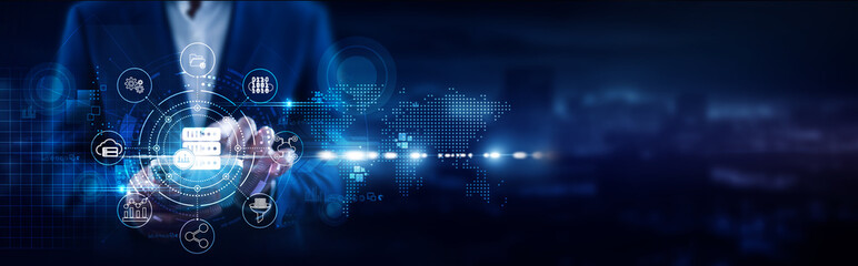 Big Data, Businessman using mobile smartphone and advanced computing connecting data analytics, predictive modeling, structured processing, unstructured analysis, volume management, intelligence.