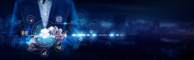 Cloud Computing, Businessman using mobile smartphone and virtual platforms connecting data storage solutions, scalable infrastructure, distributed resources, on-demand services, virtualization