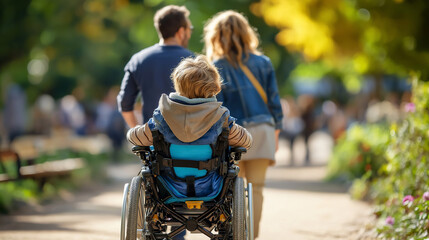 A family with a child in a wheelchair playing in a park, enjoying a day out, wheelchair family park, inclusive daily life, disability family moment, joyful park scene, with copy sp