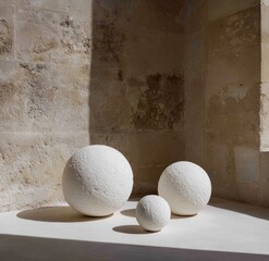 Three textured white spheres sit on a white surface against a backdrop of light beige stone walls, bathed in natural light.