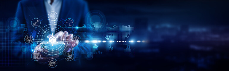 Distribution, Businessman using mobile smartphone and logistics networks connecting data inventory, supply chain, delivery routes, warehouse systems, retail channels, tracking.