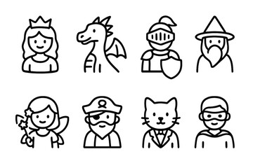 Naklejka premium Storytime Characters Icons. Outline icon set of storytime characters: princess, dragon, knight, wizard, fairy, pirate, talking animal, hero. Line icons in only