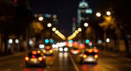 Blurred urban road illuminated by car headlights and street lamps in evening atmosphere