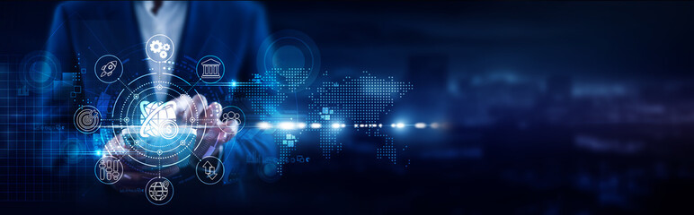 Global Business, Businessman using mobile smartphone and enterprise platforms connecting data international trade, cross-border payments, supply chains, global markets, outsourcing, networking.