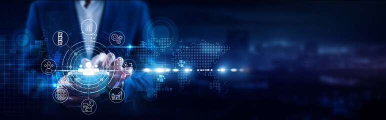 HR (Human Resources), Businessman using mobile smartphone and workforce systems connecting data recruitment, payroll management, employee engagement, performance reviews, onboarding, training.