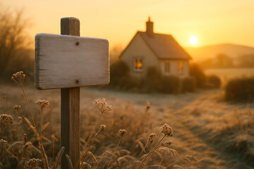 Naklejka premium Frosty Wooden Sign with Cottage and Sunrise in Misty Countryside Landscape