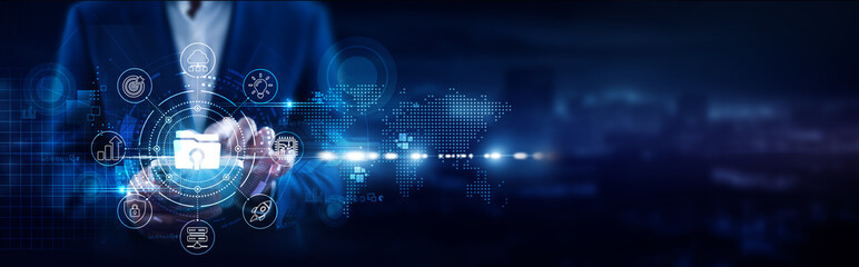 Open Data, Businessman using mobile smartphone and data platforms connecting information sharing, transparency, APIs, research analytics, public datasets, collaboration tools.